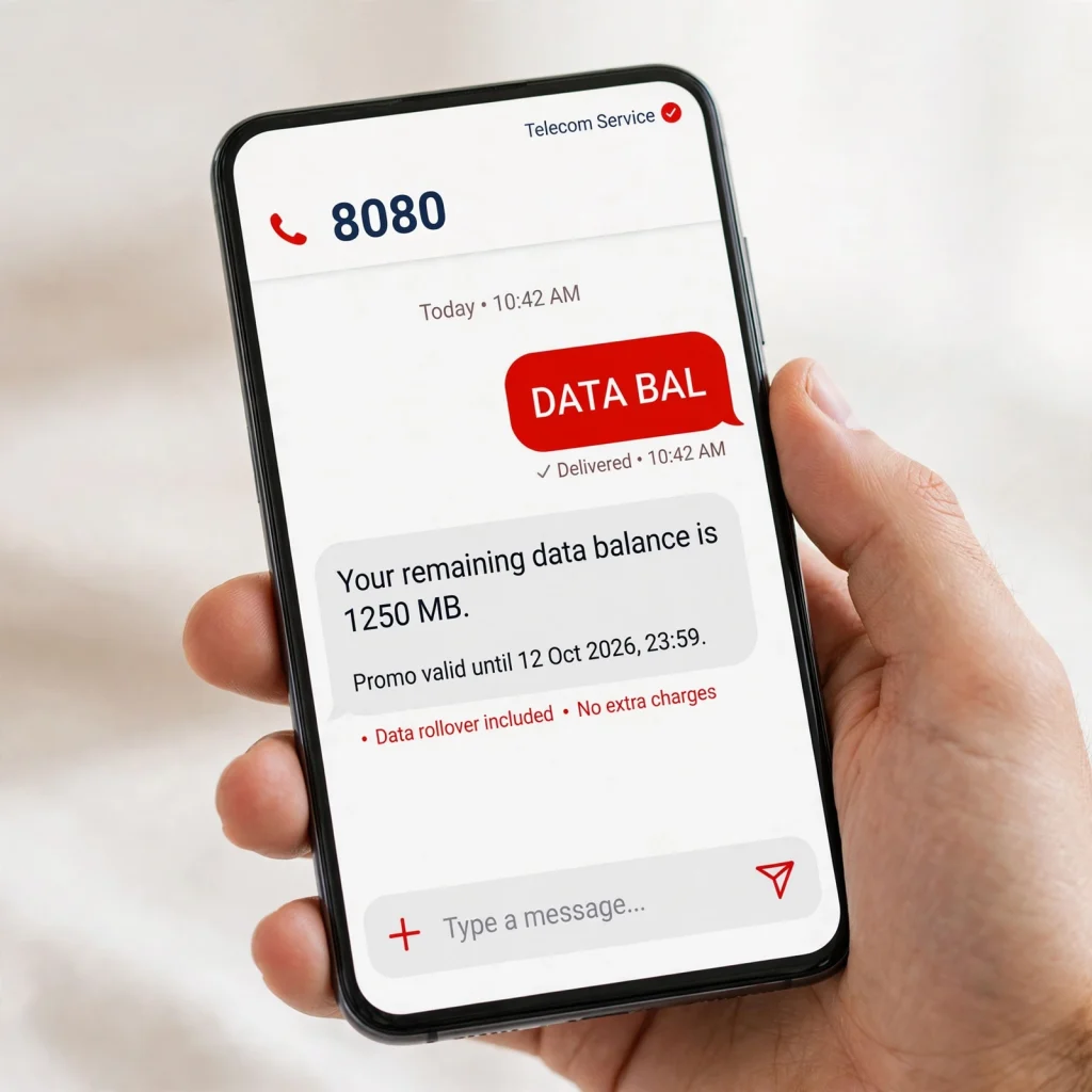 Balance Inquiry TM: How to Check Your TM Load and Data Balance 3 SMS reply from 8080 showing remaining TM data balance after texting DATA BAL